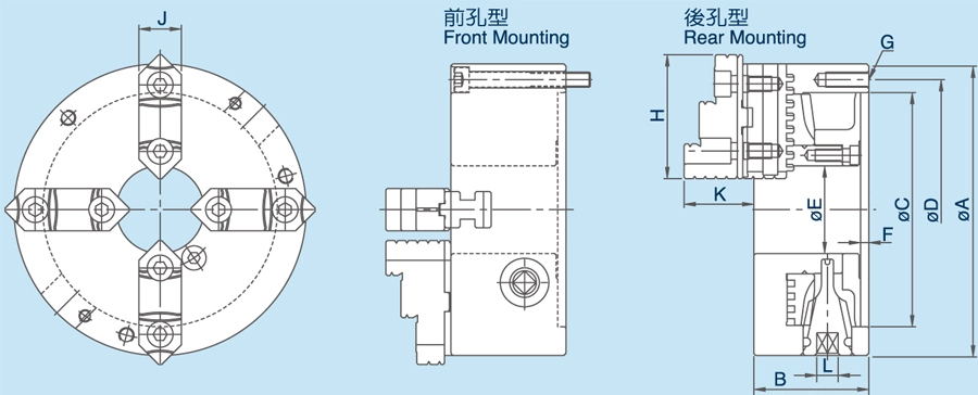 Mâm cặp cuộn loại mạnh mẽ 4 hàm thông qua lỗ PSK lớn hơn